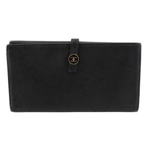 Chanel Vintage Black Grained Leather Coco Button Long Bifold Wallet